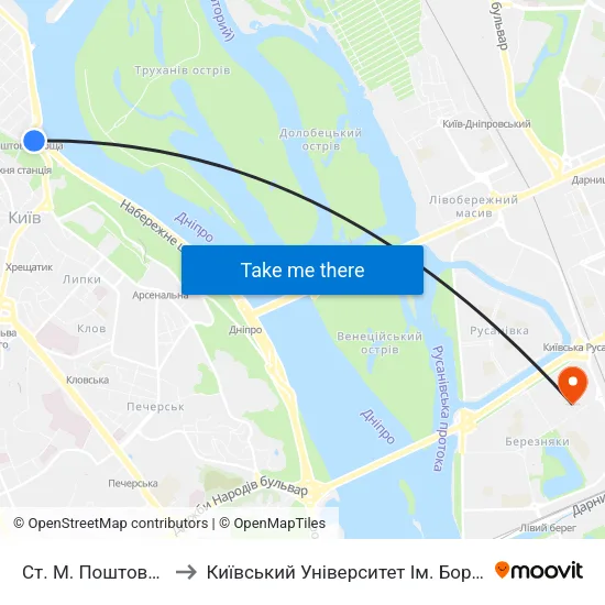 Ст. М. Поштова Площа to Київський Університет Ім. Бориса Грінченка map