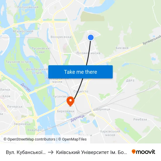 Вул. Кубанської України to Київський Університет Ім. Бориса Грінченка map