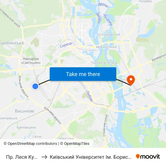 Пр. Леся Курбаса to Київський Університет Ім. Бориса Грінченка map
