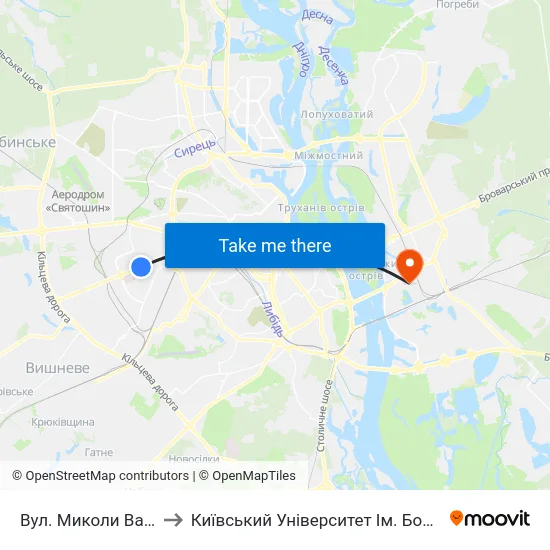 Вул. Миколи Василенка to Київський Університет Ім. Бориса Грінченка map