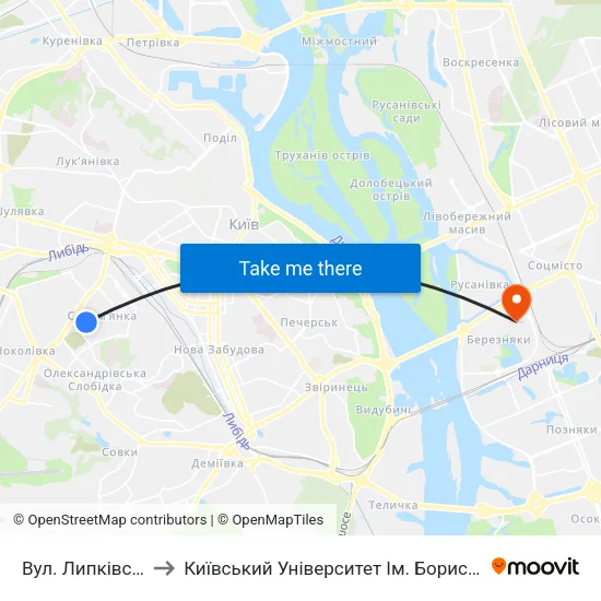Вул. Липківського to Київський Університет Ім. Бориса Грінченка map