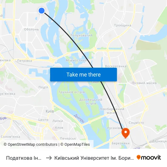 Податкова Інспекція to Київський Університет Ім. Бориса Грінченка map