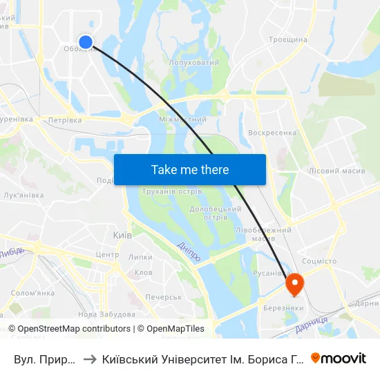 Вул. Прирічна to Київський Університет Ім. Бориса Грінченка map