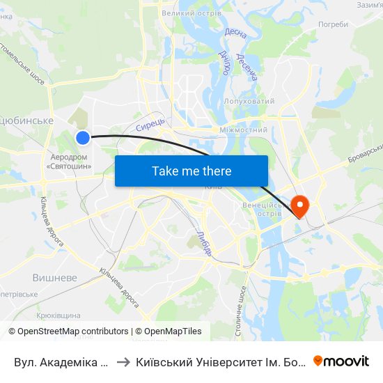 Вул. Академіка Туполєва to Київський Університет Ім. Бориса Грінченка map