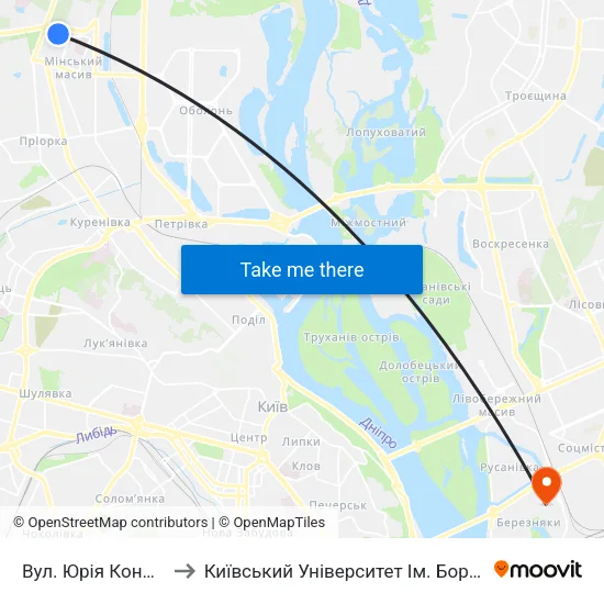 Вул. Юрія Кондратюка to Київський Університет Ім. Бориса Грінченка map