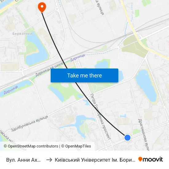 Вул. Анни Ахматової to Київський Університет Ім. Бориса Грінченка map