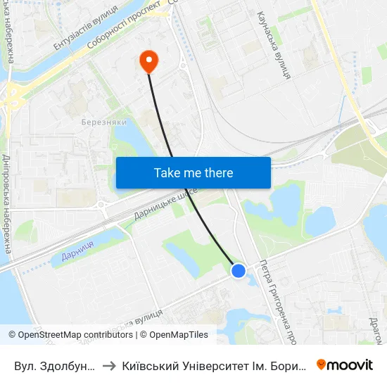 Вул. Здолбунівська to Київський Університет Ім. Бориса Грінченка map