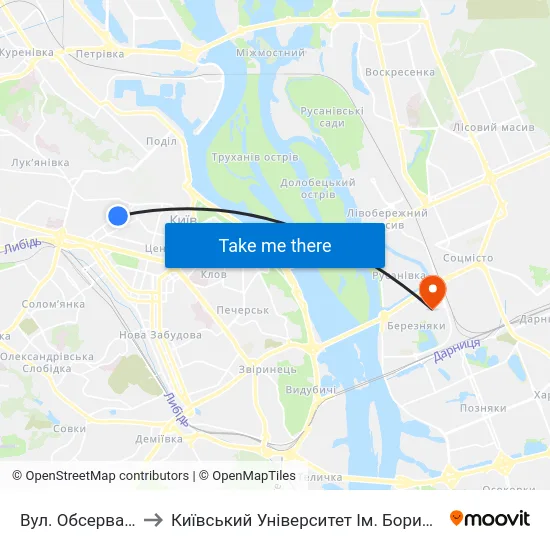 Вул. Обсерваторна to Київський Університет Ім. Бориса Грінченка map