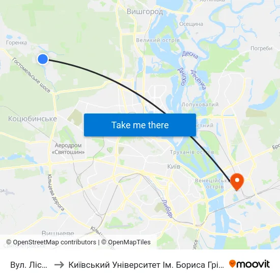 Вул. Лісова to Київський Університет Ім. Бориса Грінченка map