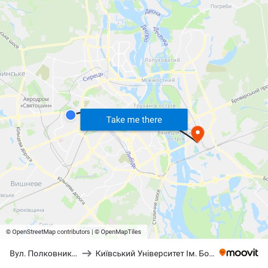 Вул. Полковника Шутова to Київський Університет Ім. Бориса Грінченка map