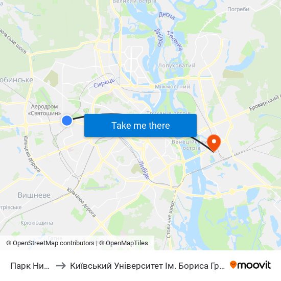 Парк Нивки to Київський Університет Ім. Бориса Грінченка map