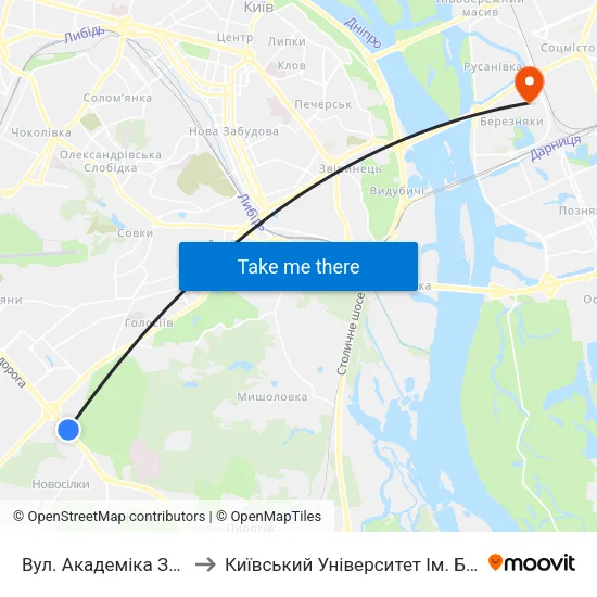 Вул. Академіка Заболотного to Київський Університет Ім. Бориса Грінченка map