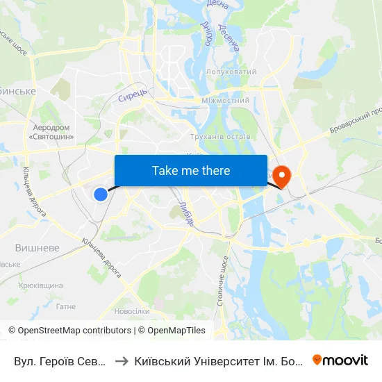 Вул. Героїв Севастополя to Київський Університет Ім. Бориса Грінченка map