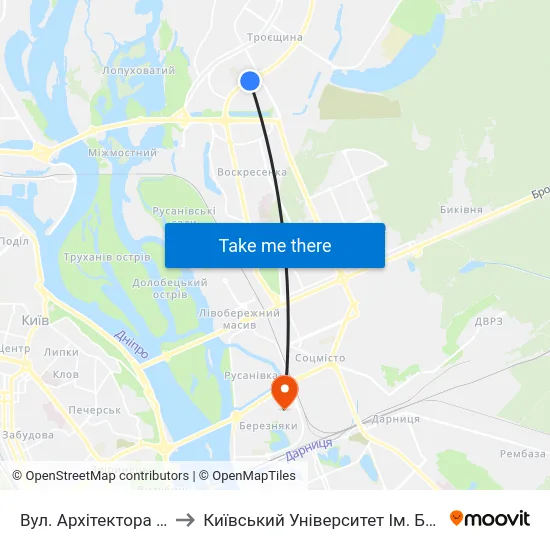 Вул. Архітектора Ніколаєва to Київський Університет Ім. Бориса Грінченка map