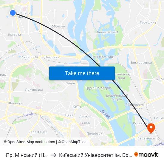 Пр. Мінський (На Вимогу) to Київський Університет Ім. Бориса Грінченка map