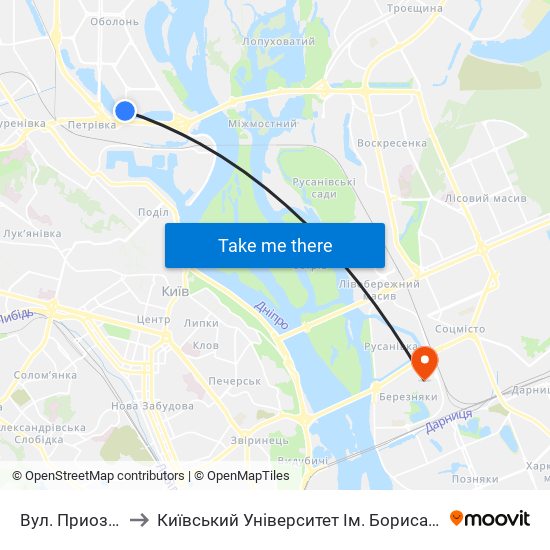 Вул. Приозерна to Київський Університет Ім. Бориса Грінченка map