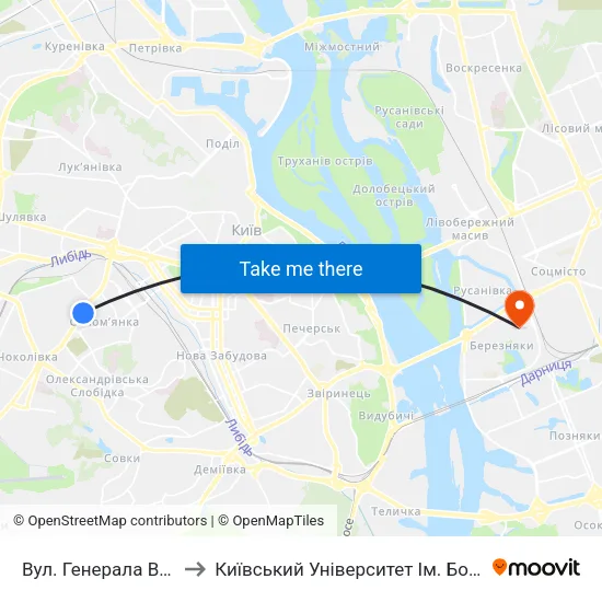Вул. Генерала Воробйова to Київський Університет Ім. Бориса Грінченка map