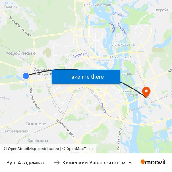 Вул. Академіка Єфремова to Київський Університет Ім. Бориса Грінченка map