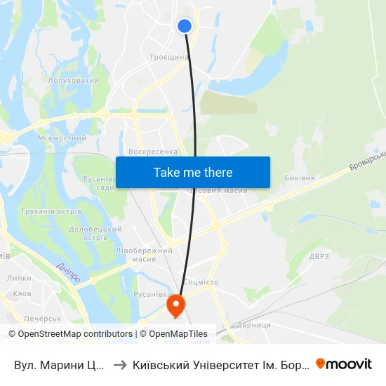 Вул. Марини Цвєтаєвої to Київський Університет Ім. Бориса Грінченка map