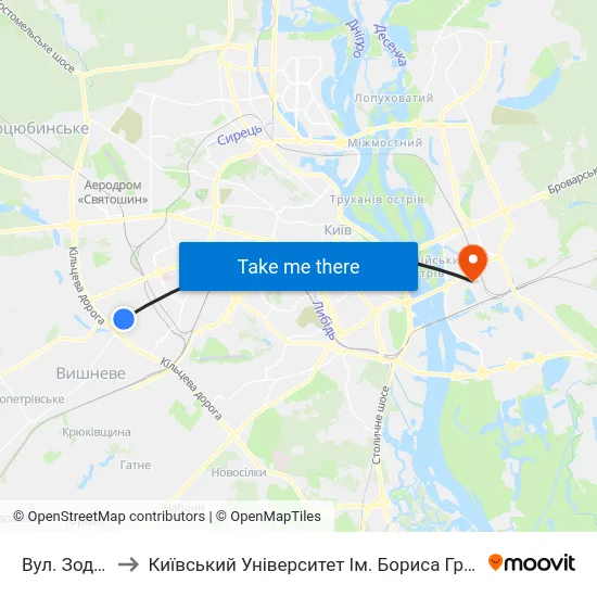 Вул. Зодчих to Київський Університет Ім. Бориса Грінченка map