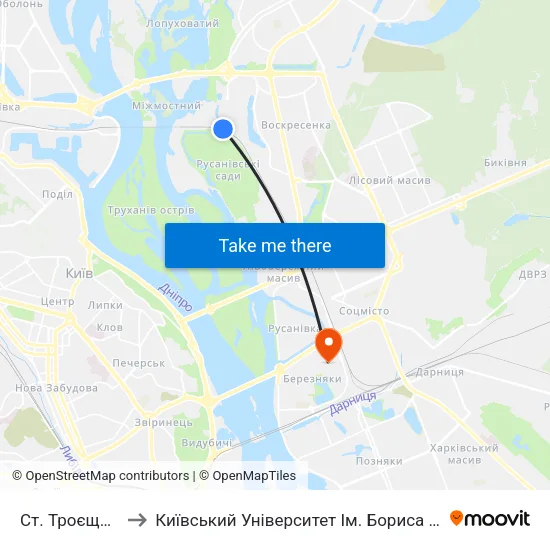 Cт. Троєщина-2 to Київський Університет Ім. Бориса Грінченка map