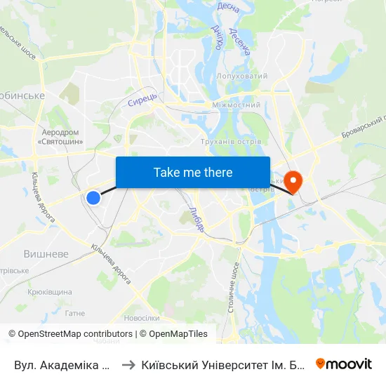 Вул. Академіка Білецького to Київський Університет Ім. Бориса Грінченка map