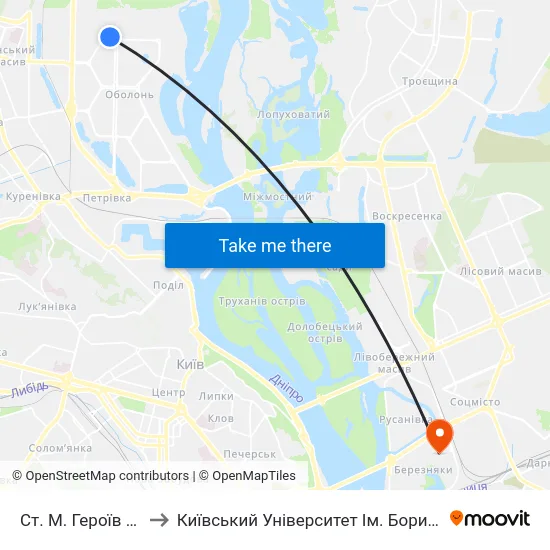Ст. М. Героїв Дніпра to Київський Університет Ім. Бориса Грінченка map