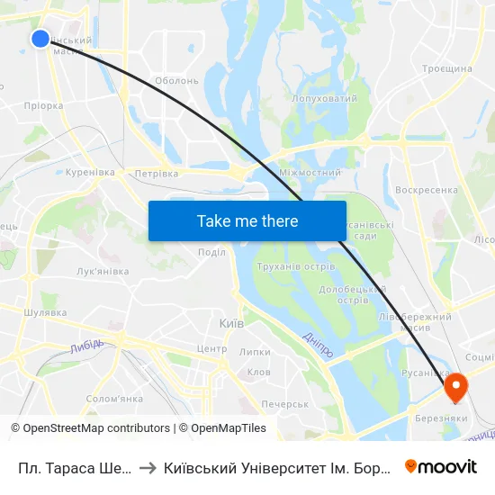 Пл. Тараса Шевченка to Київський Університет Ім. Бориса Грінченка map