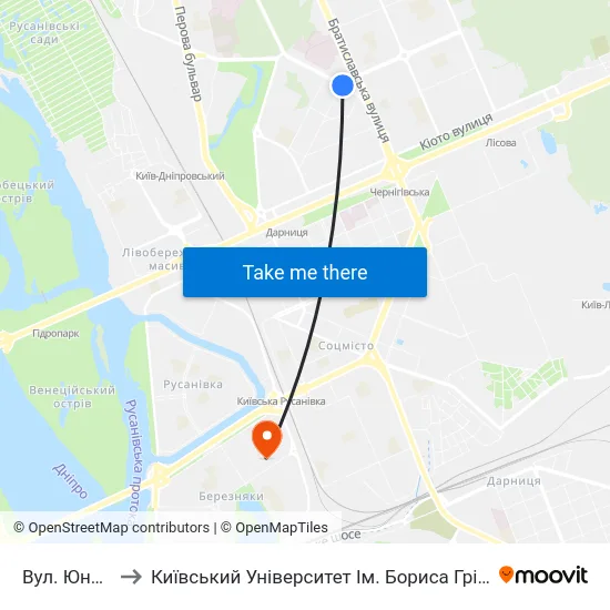Вул. Юності to Київський Університет Ім. Бориса Грінченка map