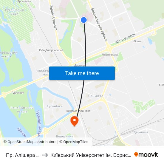 Пр. Алішера Навої to Київський Університет Ім. Бориса Грінченка map