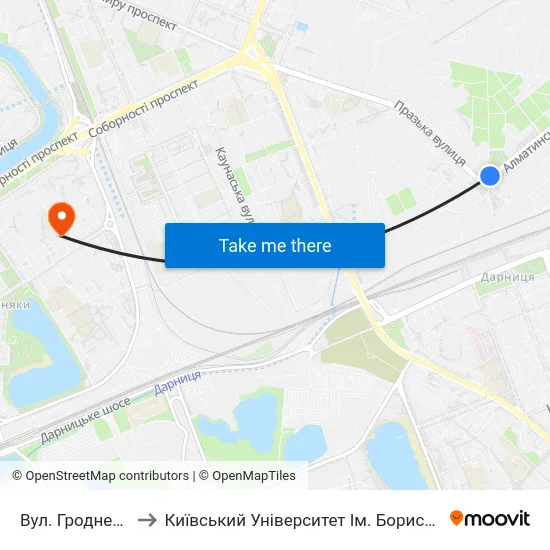Вул. Гродненська to Київський Університет Ім. Бориса Грінченка map