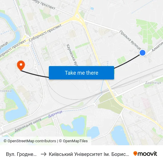 Вул. Гродненська to Київський Університет Ім. Бориса Грінченка map