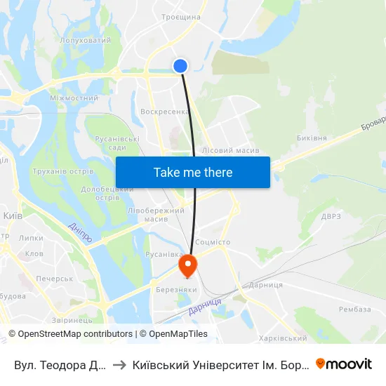 Вул. Теодора Драйзера to Київський Університет Ім. Бориса Грінченка map
