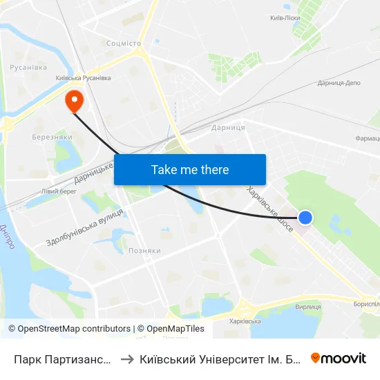 Парк Партизанської Слави to Київський Університет Ім. Бориса Грінченка map