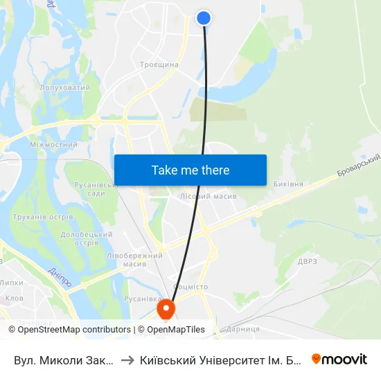 Вул. Миколи Закревського to Київський Університет Ім. Бориса Грінченка map