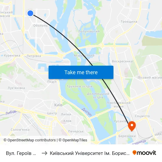 Вул. Героїв Дніпра to Київський Університет Ім. Бориса Грінченка map