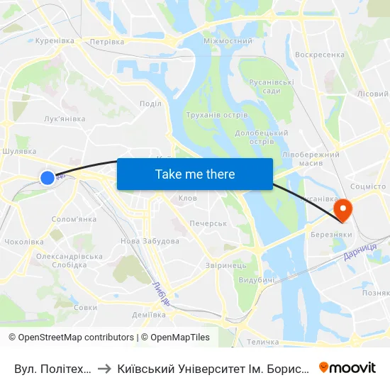 Вул. Політехнічна to Київський Університет Ім. Бориса Грінченка map