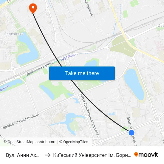 Вул. Анни Ахматової to Київський Університет Ім. Бориса Грінченка map