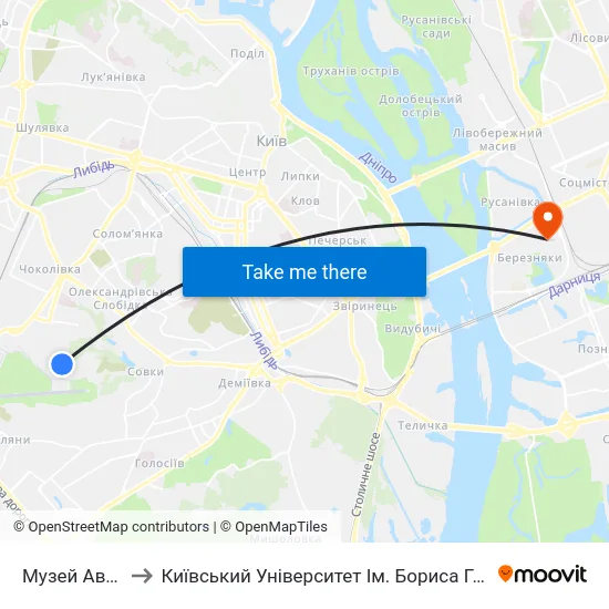 Музей Авіації to Київський Університет Ім. Бориса Грінченка map