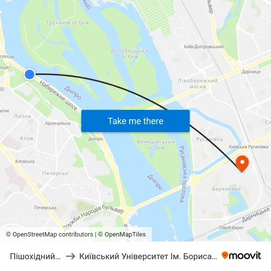 Пішохідний Міст to Київський Університет Ім. Бориса Грінченка map