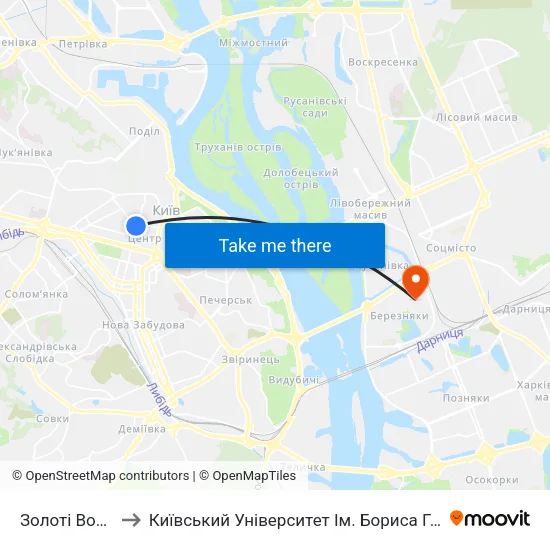 Золоті Ворота to Київський Університет Ім. Бориса Грінченка map