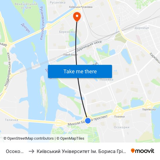 Осокорки to Київський Університет Ім. Бориса Грінченка map