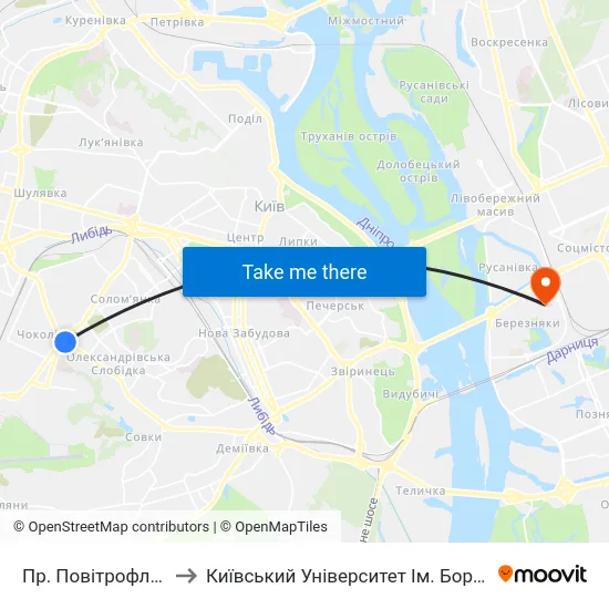 Пр. Повітрофлотський to Київський Університет Ім. Бориса Грінченка map