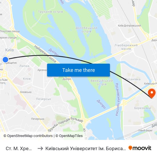 Ст. М. Хрещатик to Київський Університет Ім. Бориса Грінченка map