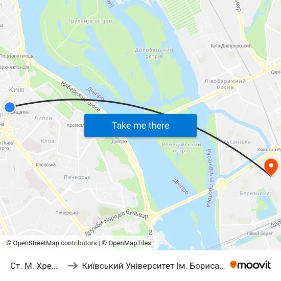 Ст. М. Хрещатик to Київський Університет Ім. Бориса Грінченка map