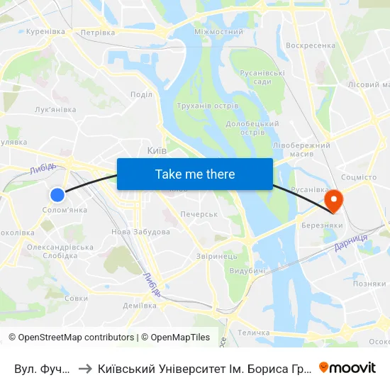 Вул. Фучика to Київський Університет Ім. Бориса Грінченка map
