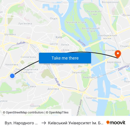 Вул. Народного Ополчення to Київський Університет Ім. Бориса Грінченка map