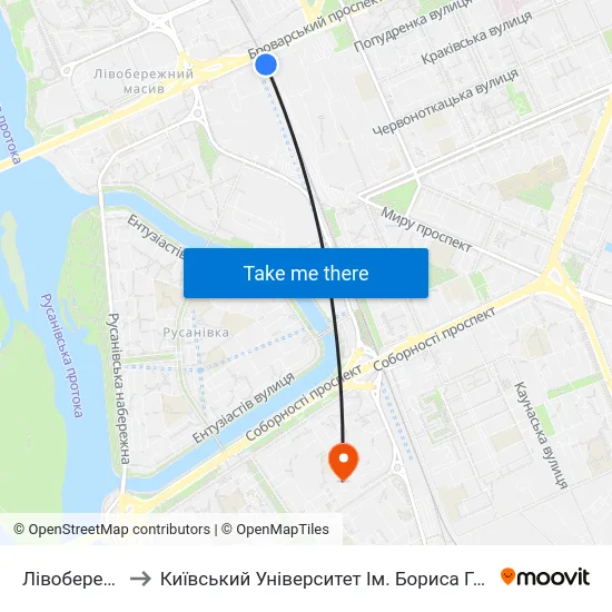 Лівобережна to Київський Університет Ім. Бориса Грінченка map