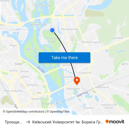 Троєщина-2 to Київський Університет Ім. Бориса Грінченка map