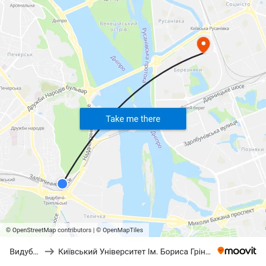 Видубичі to Київський Університет Ім. Бориса Грінченка map